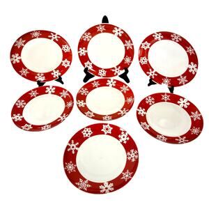 Royal Norfolk Stoneware Red Snowflake Dinner Plates-Set of 7